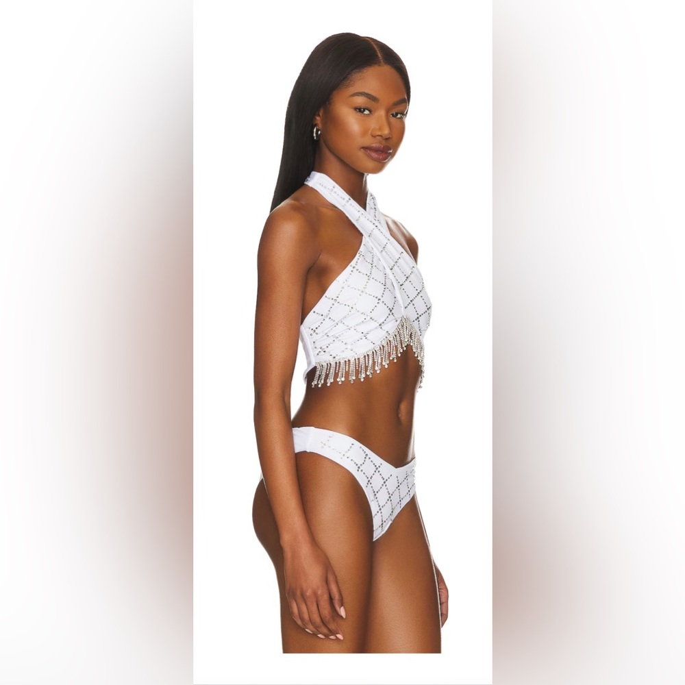 Beach Riot White Beaded Fringe Halter Bikini Set